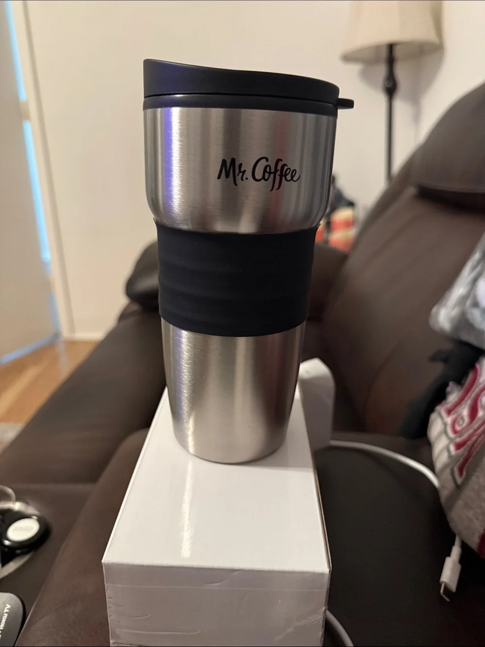 Mr. Coffee Stainless Steel Travel Mug with Black Grip